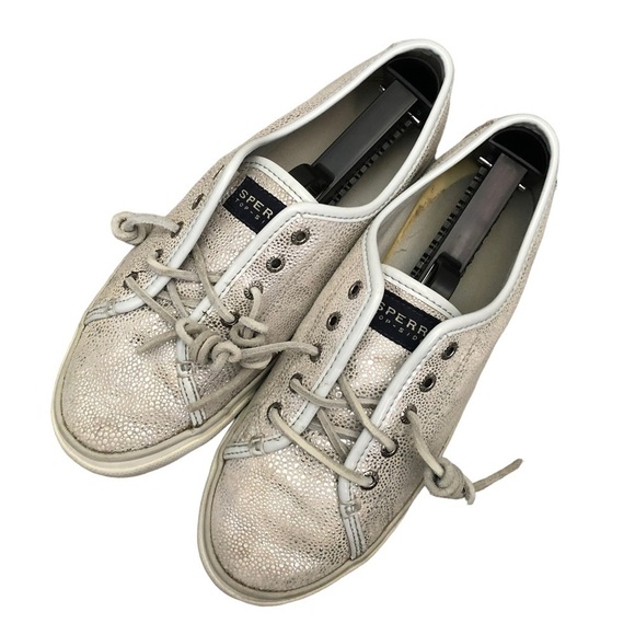 Sperry Seacoast Silver White Metallic Low Top Sneaker 7.5 - Picture 3 of 8